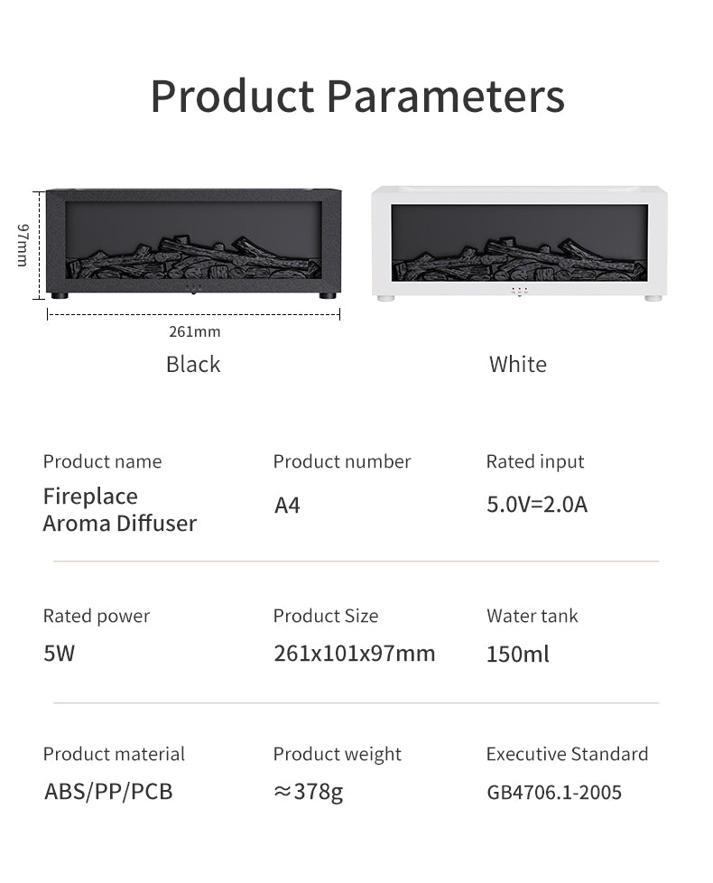 Flame aromatherapy diffuser product specifications: black and white colorways, 261x101x97mm, 150ml water tank