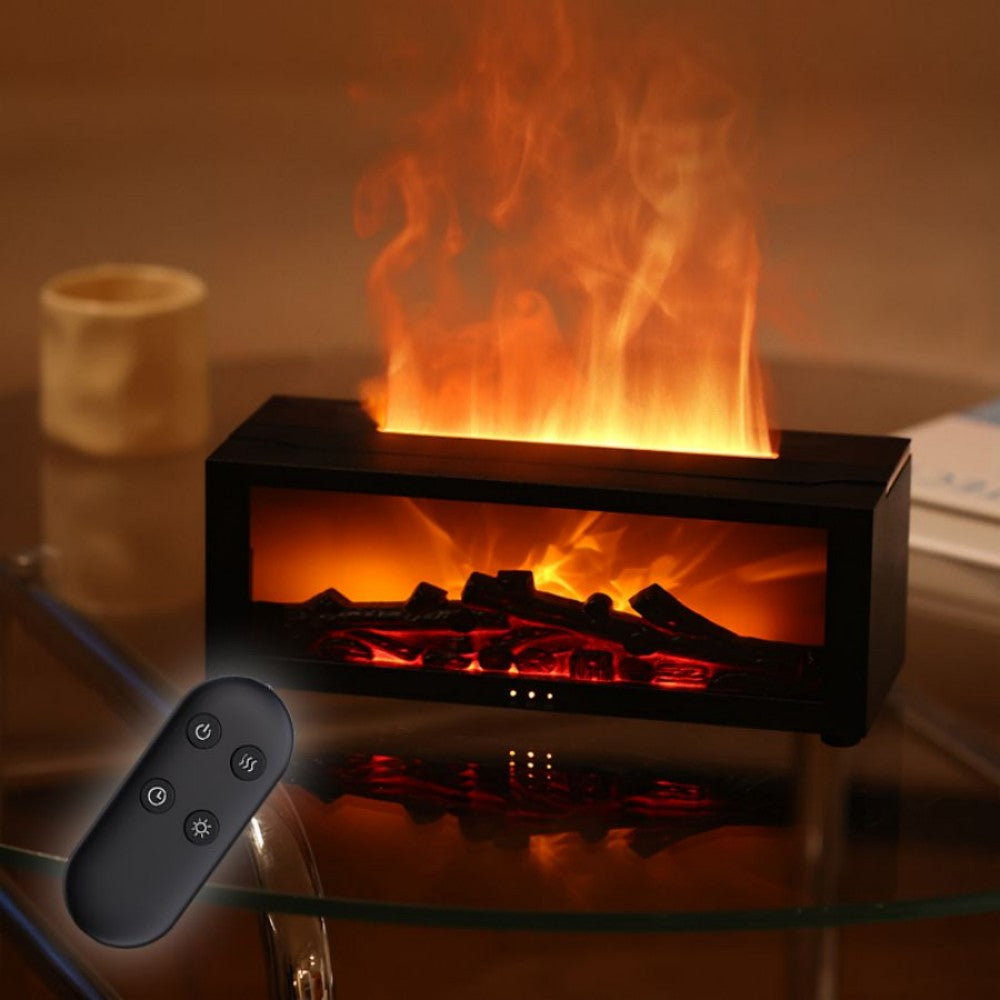 Flame aromatherapy diffuser glowing beside its included remote control