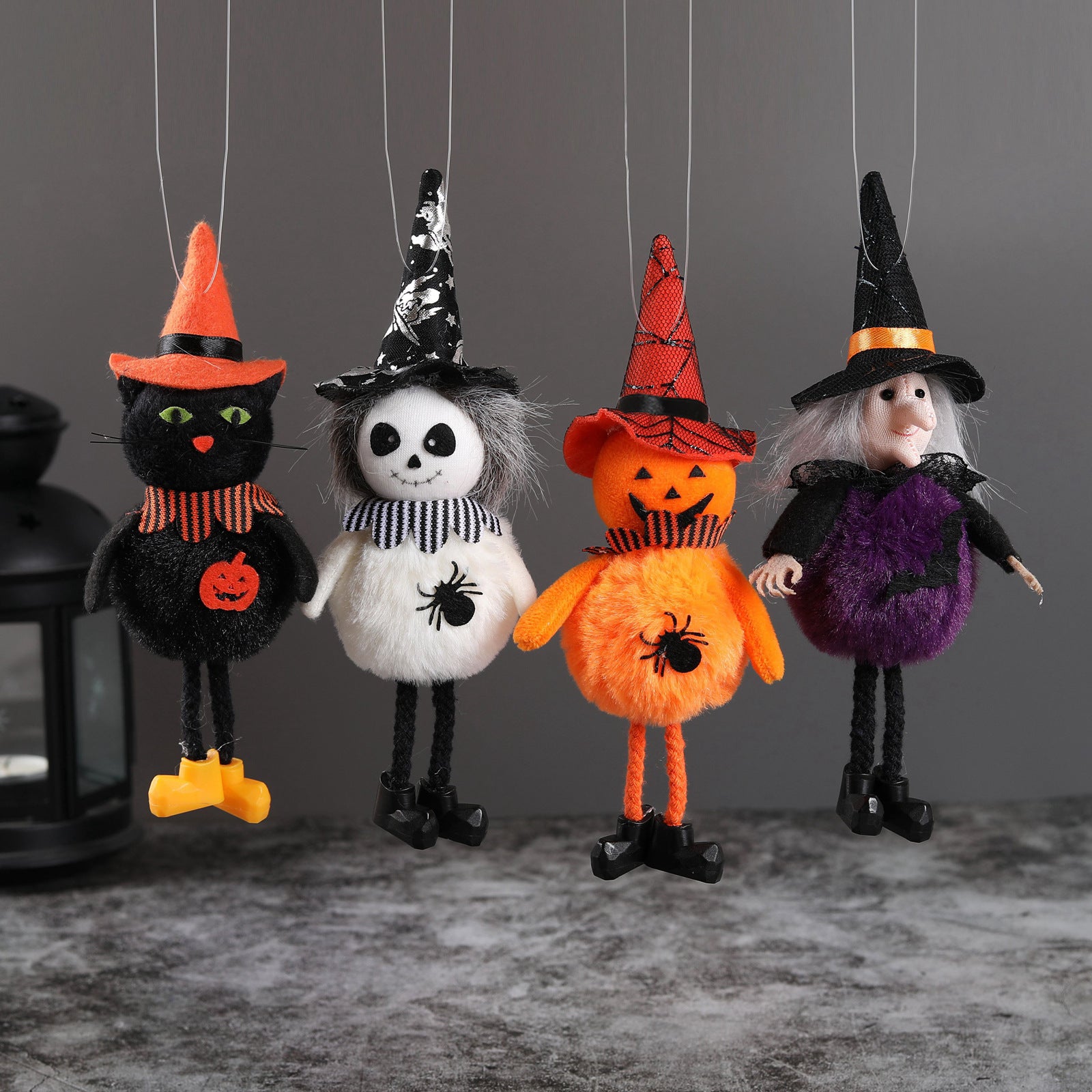 Pumpkin, Ghost, Witch, and Black Cat Halloween hanging pendants displayed together