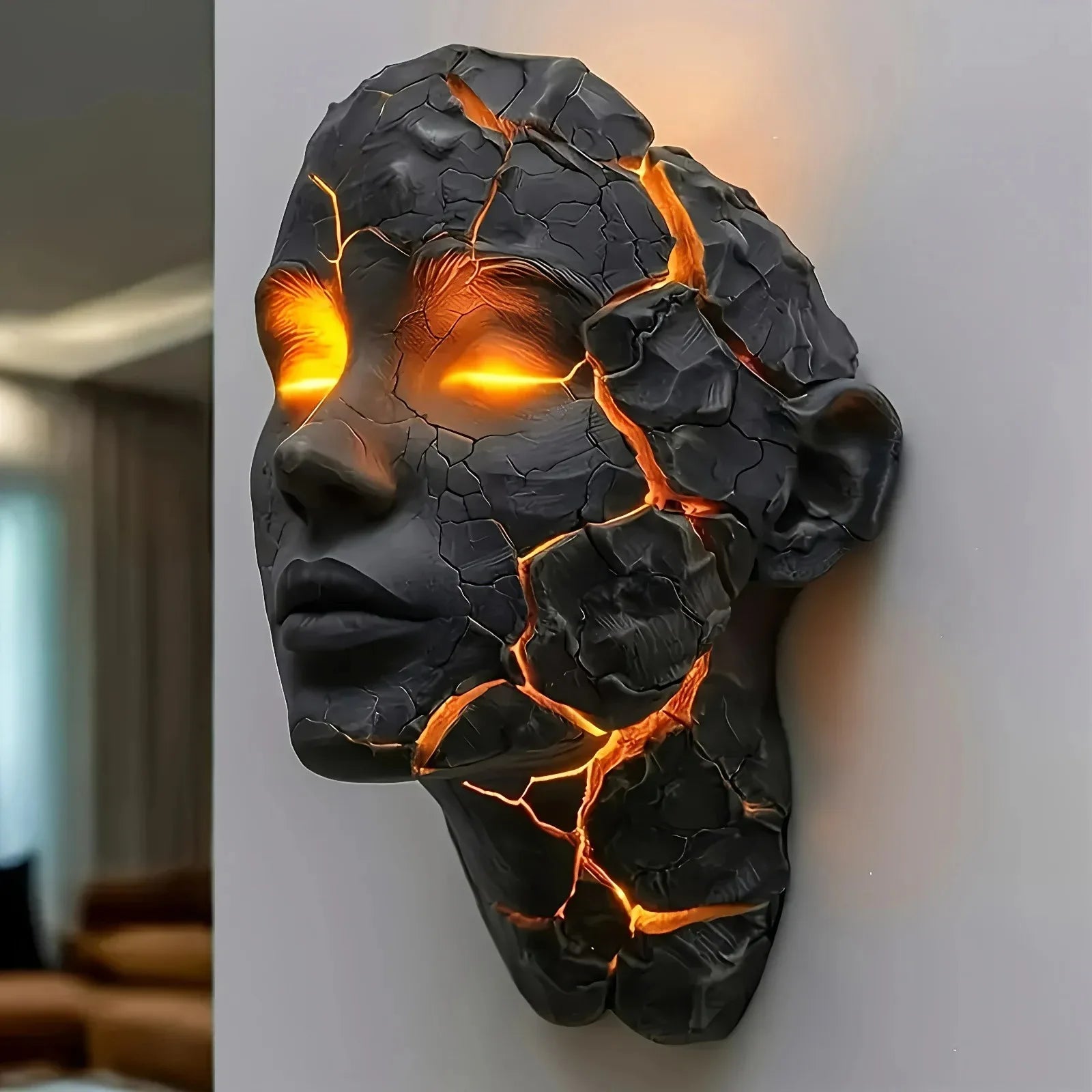 Cracked face wall light with glowing eyes mounted in a living room