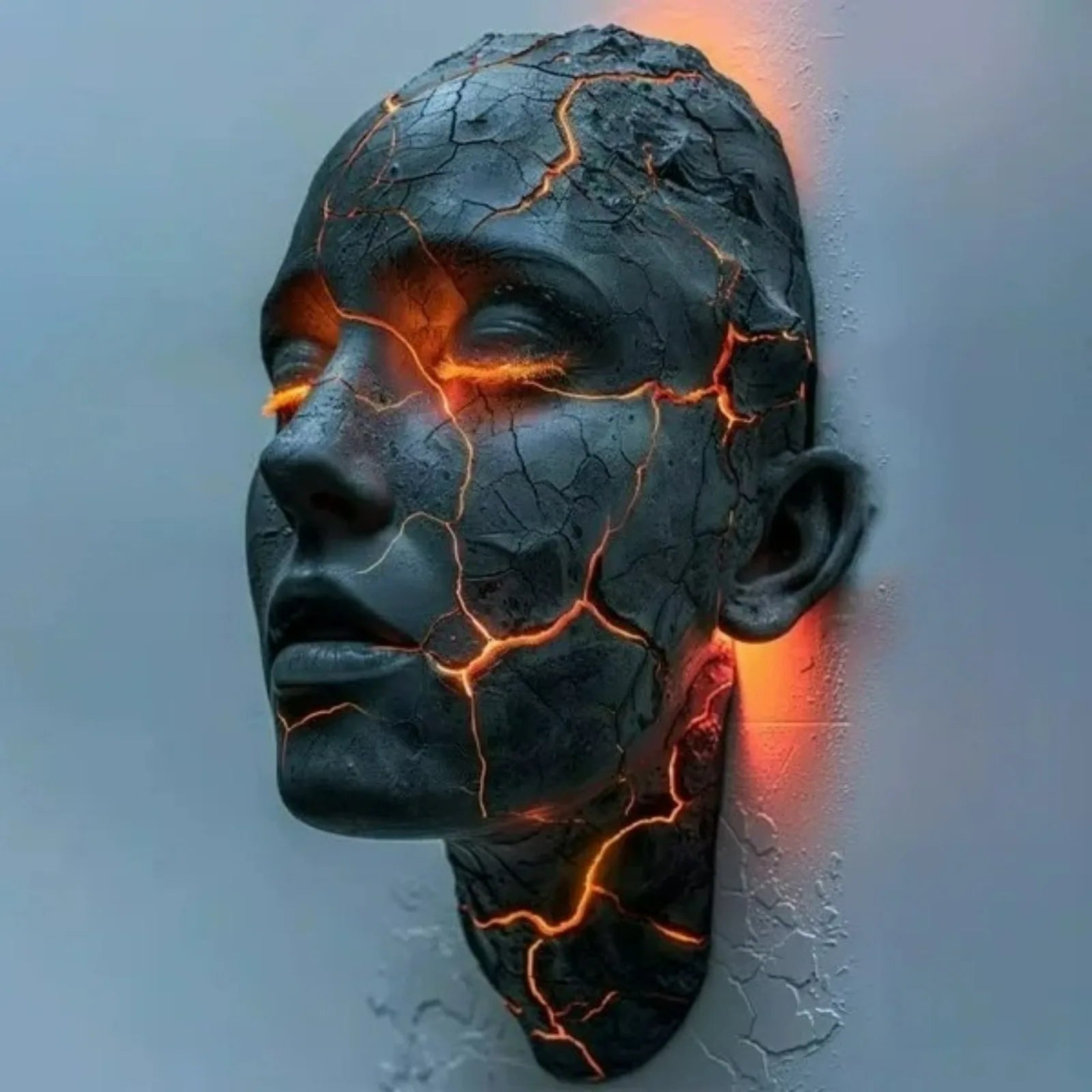 Side view of a cracked black face wall light with glowing orange cracks