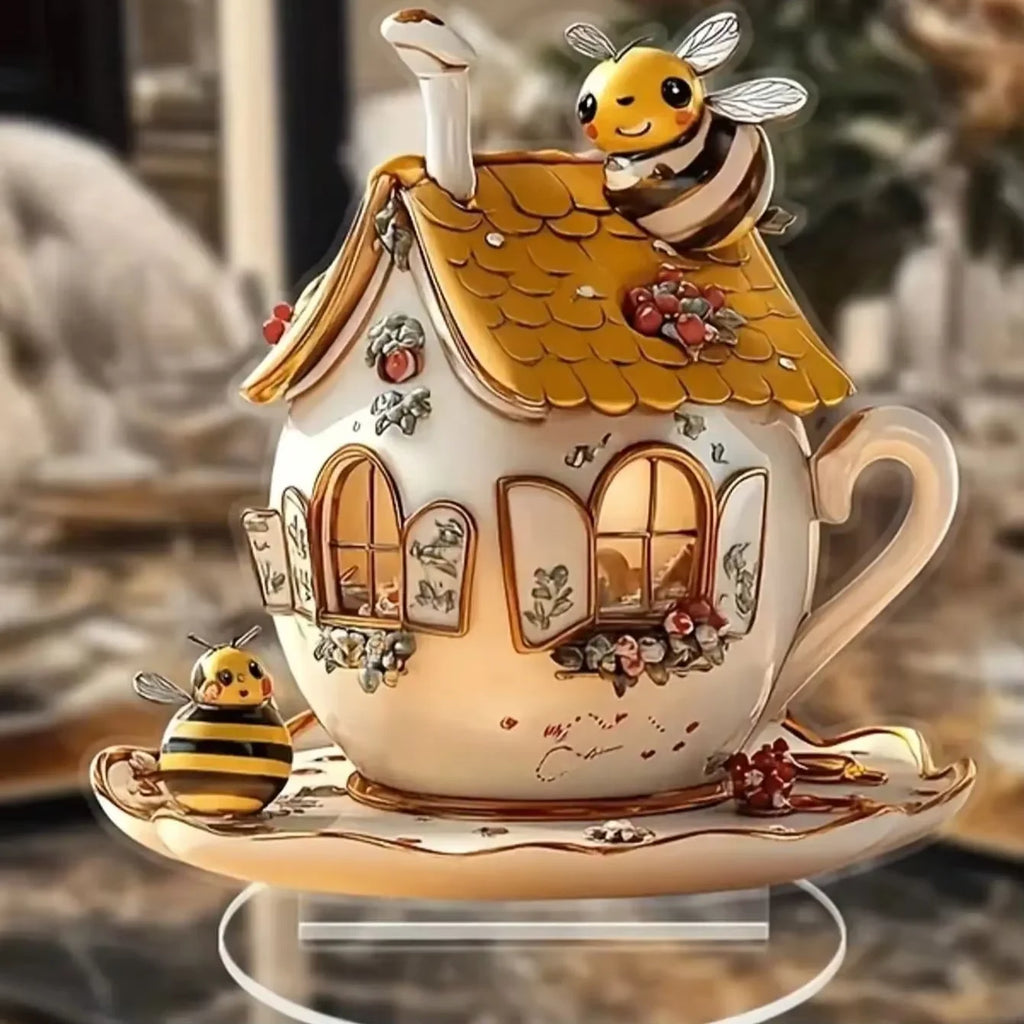 Bee cottage teacup ornament close-up showing illustrated detail