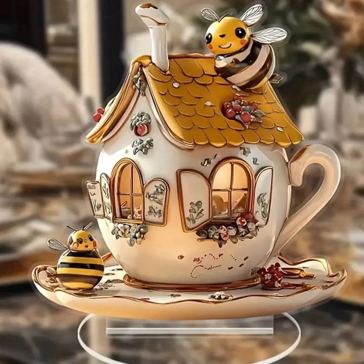 Bee cottage teacup ornament close-up showing illustrated detail