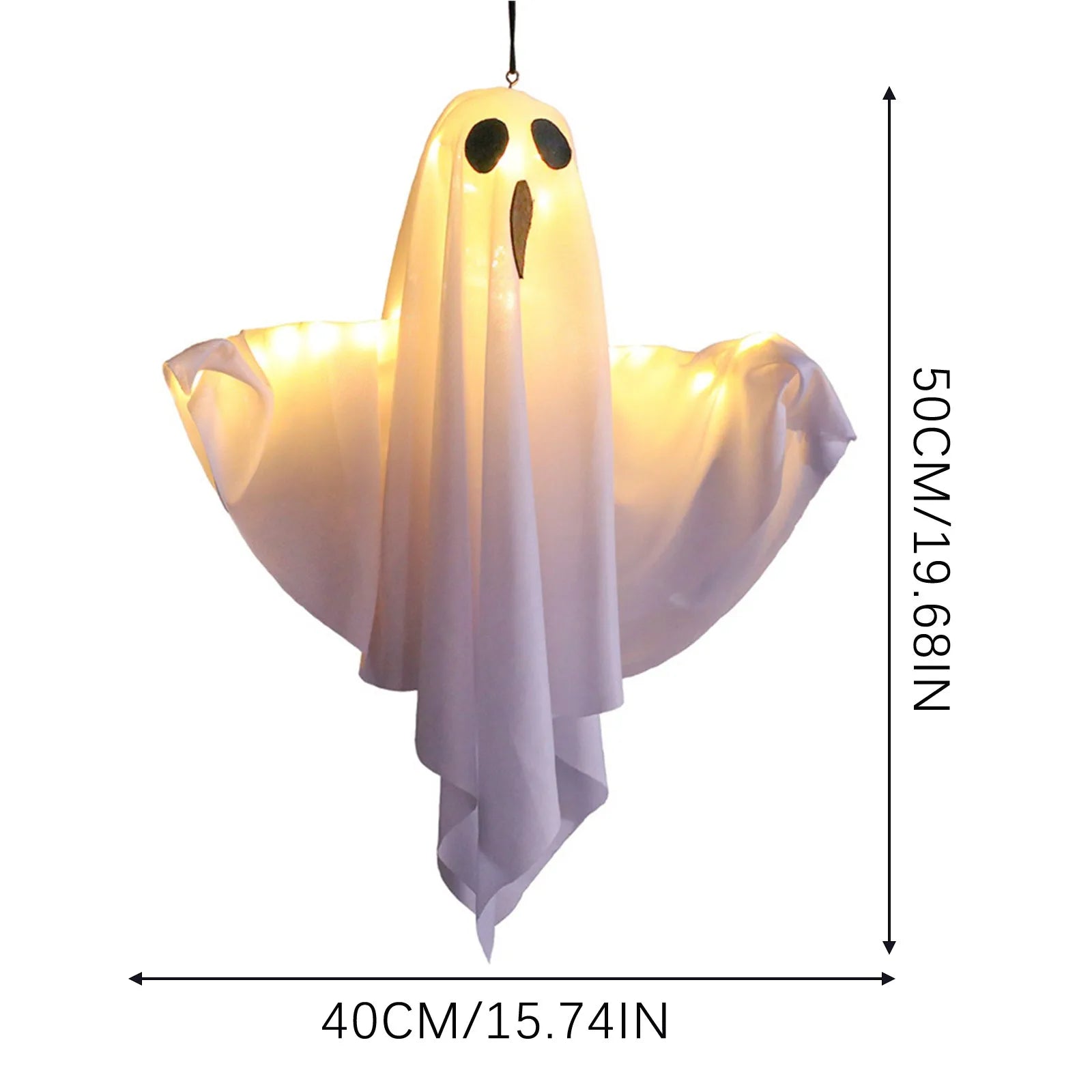 Hanging fabric ghost decoration shown with height and width measurements