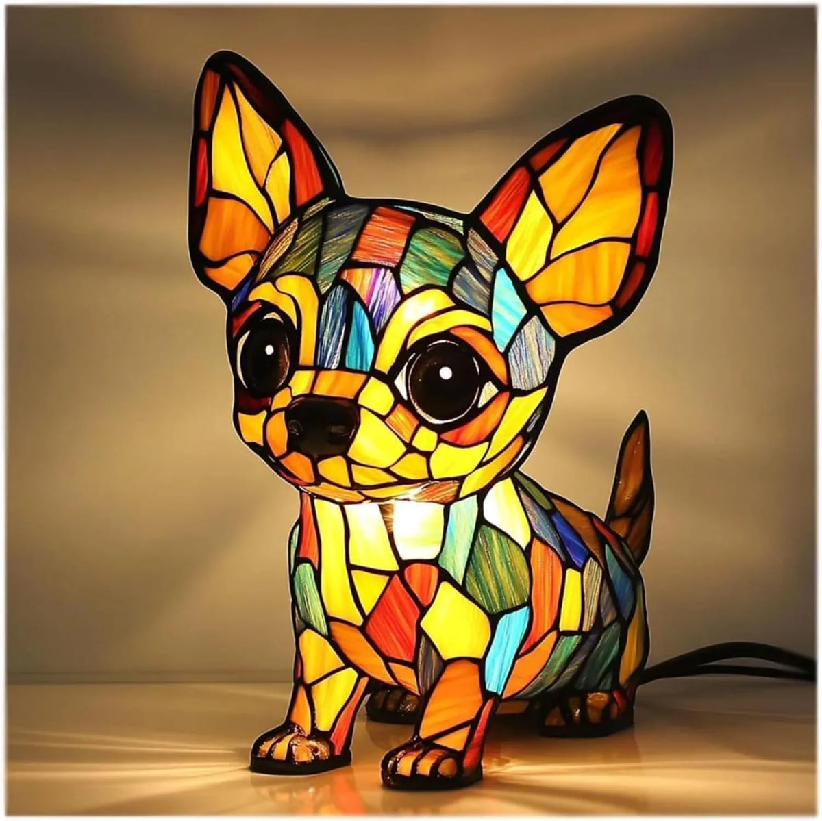 Stained-glass style animal LED ornament, mosaic resin figurine with USB-powered LED glow