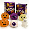 Halloween Mystery Blind Box squishy toys: glitter-filled pumpkin, ghost, skull and eyeball characters with packaging boxes