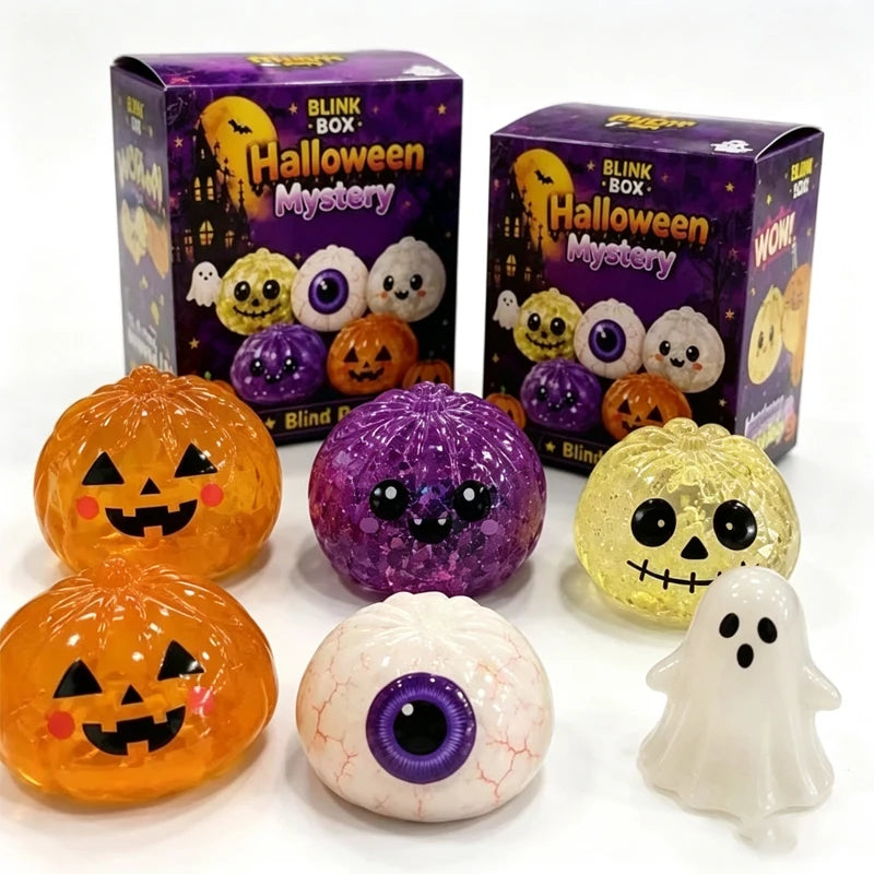 Halloween Mystery Blind Box squishy toys: glitter-filled pumpkin, ghost, skull and eyeball characters with packaging boxes