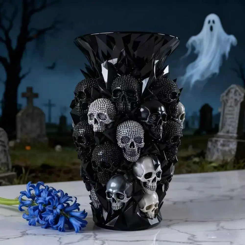Skull resin vase on a marble counter with blue flowers and a ghost figure in the background