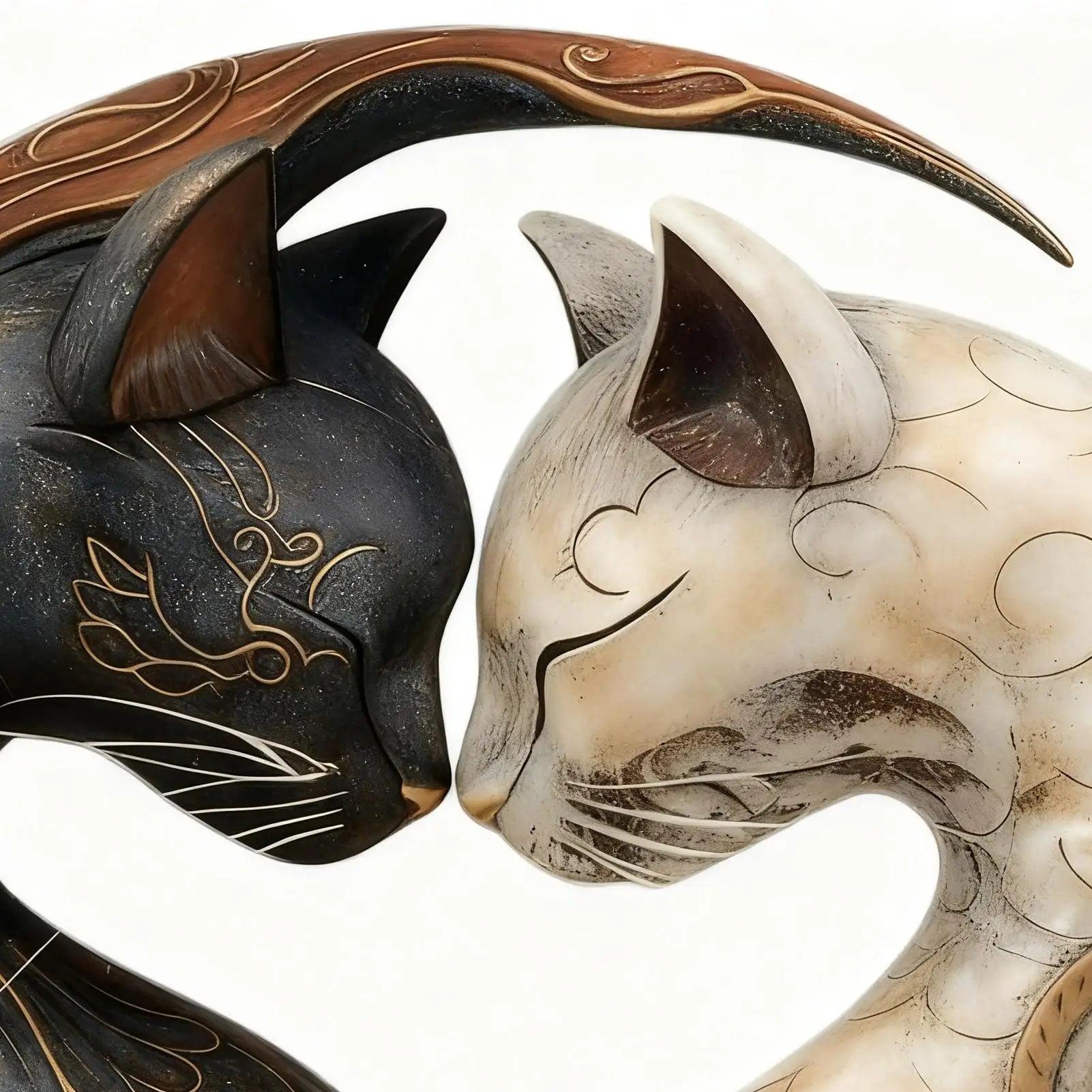 Close-up of black and white cat statue heads touching nose to nose