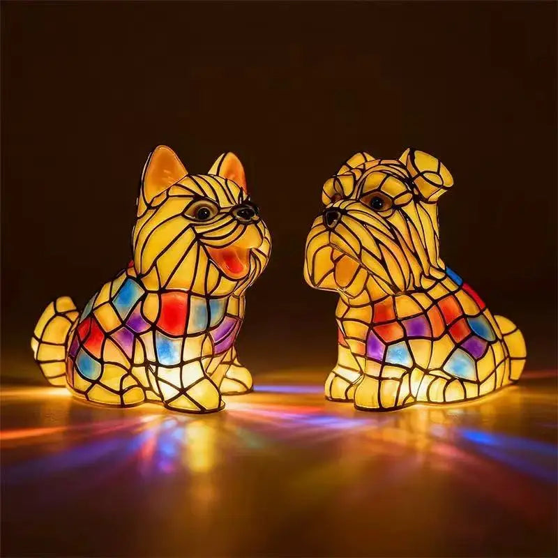 Stained-glass style LED animal ornament, Corgi and Schnauzer designs glowing side by side