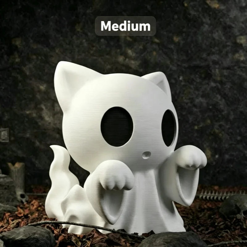 Medium white ghost cat figurine labeled Medium
