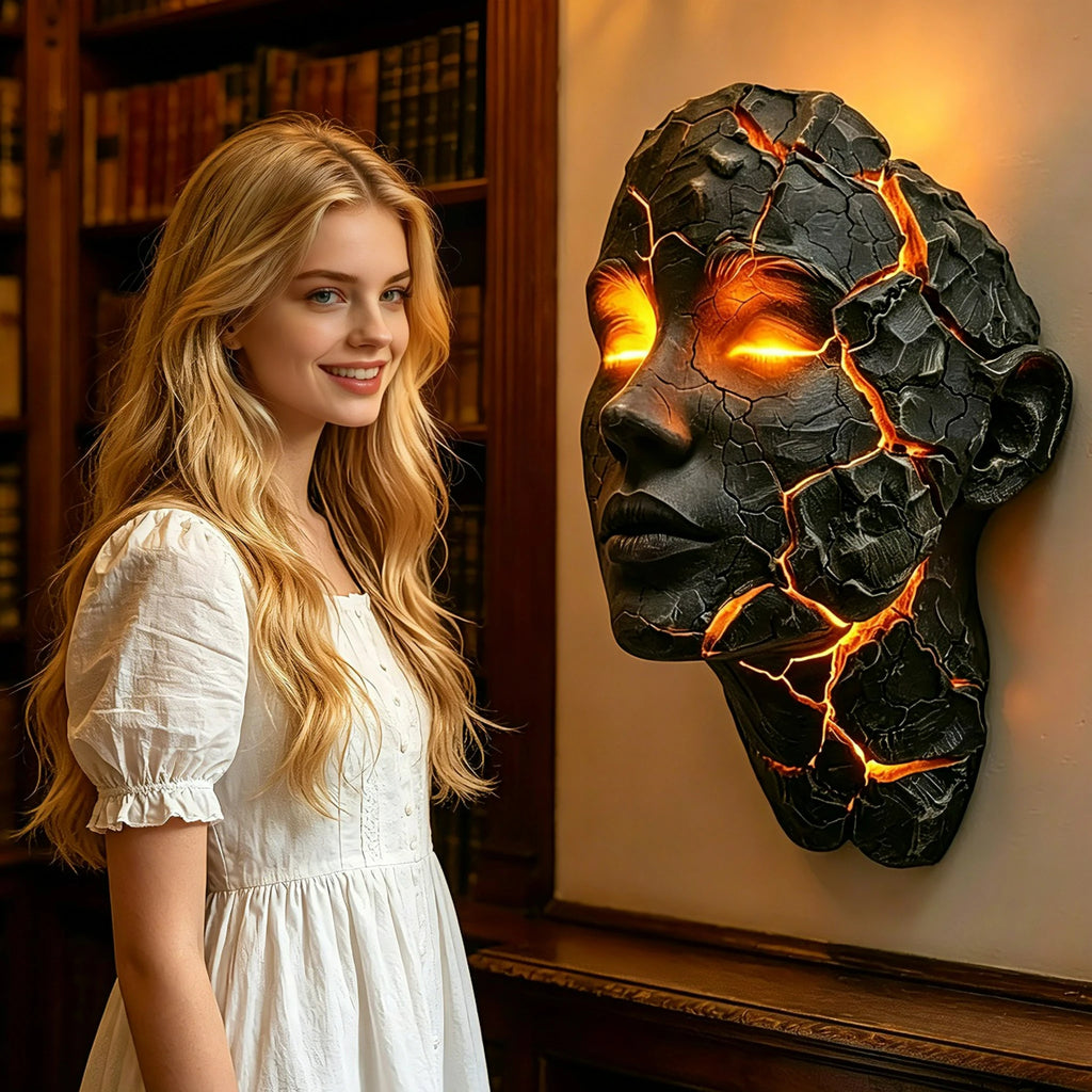 Cracked black wall light with glowing orange face mounted beside a bookshelf