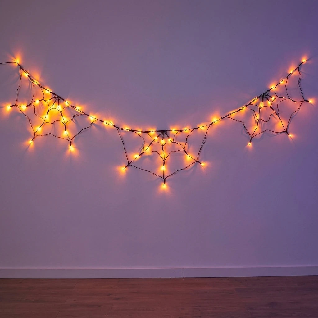 LED spider web string lights for Halloween window and wall decor