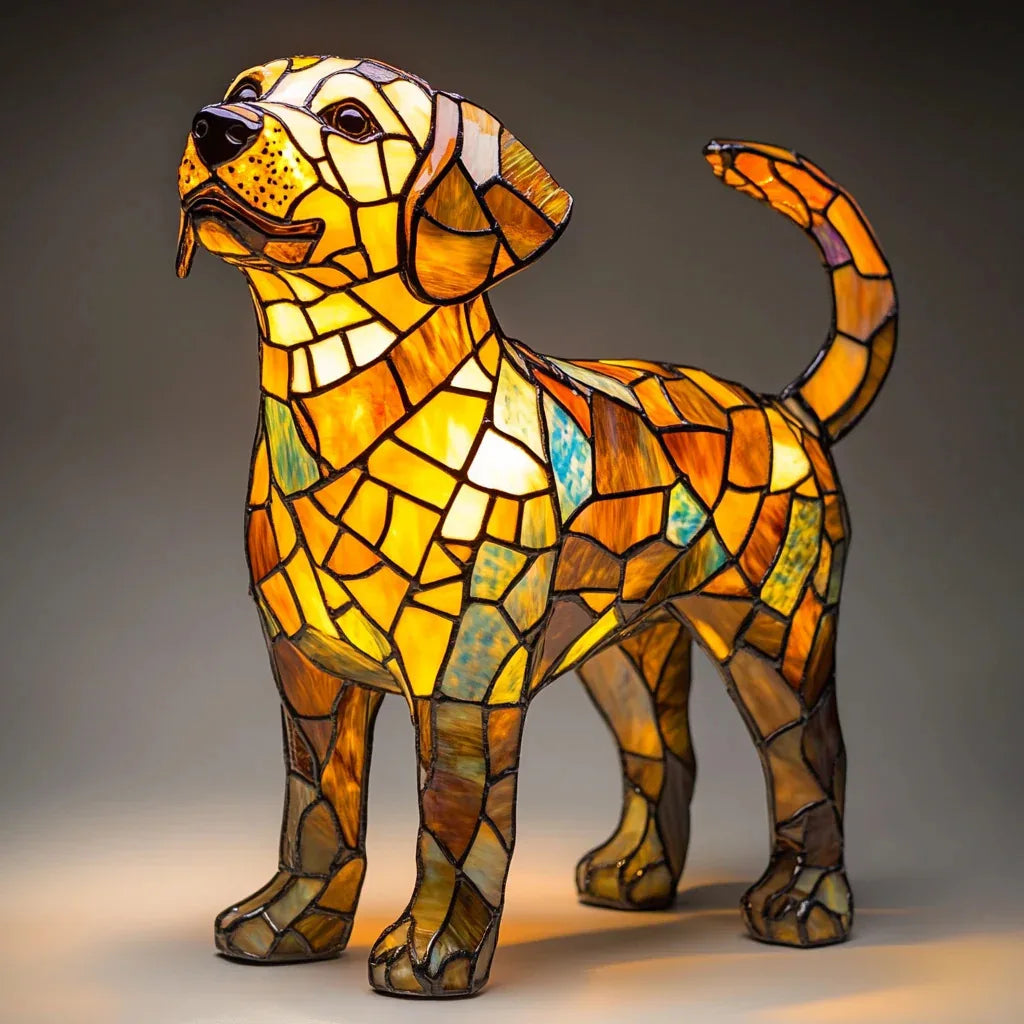 Stained-glass style animal LED ornament, mosaic resin dog design glowing on a shelf