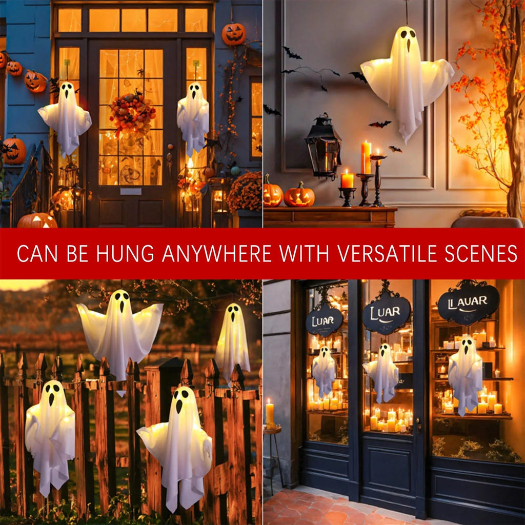 Collage of glowing fabric ghosts hung on a porch, fence, wall and shop window