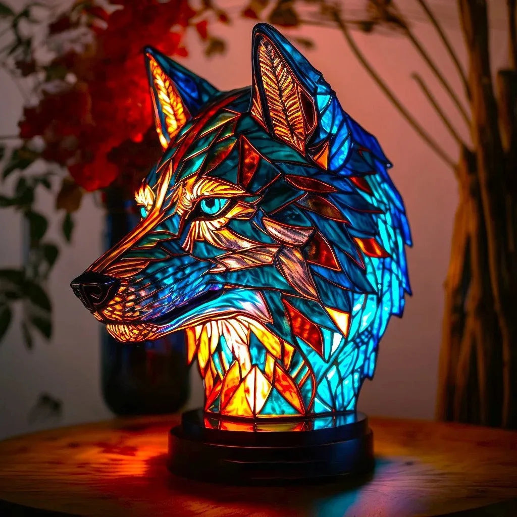 Stained-glass style animal LED ornament, mosaic resin figurine displayed on a bookshelf