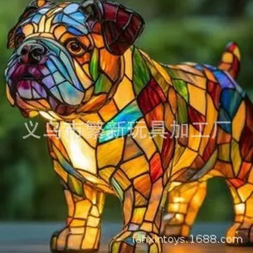 Stained-glass style animal LED ornament, mosaic resin figurine on a white background