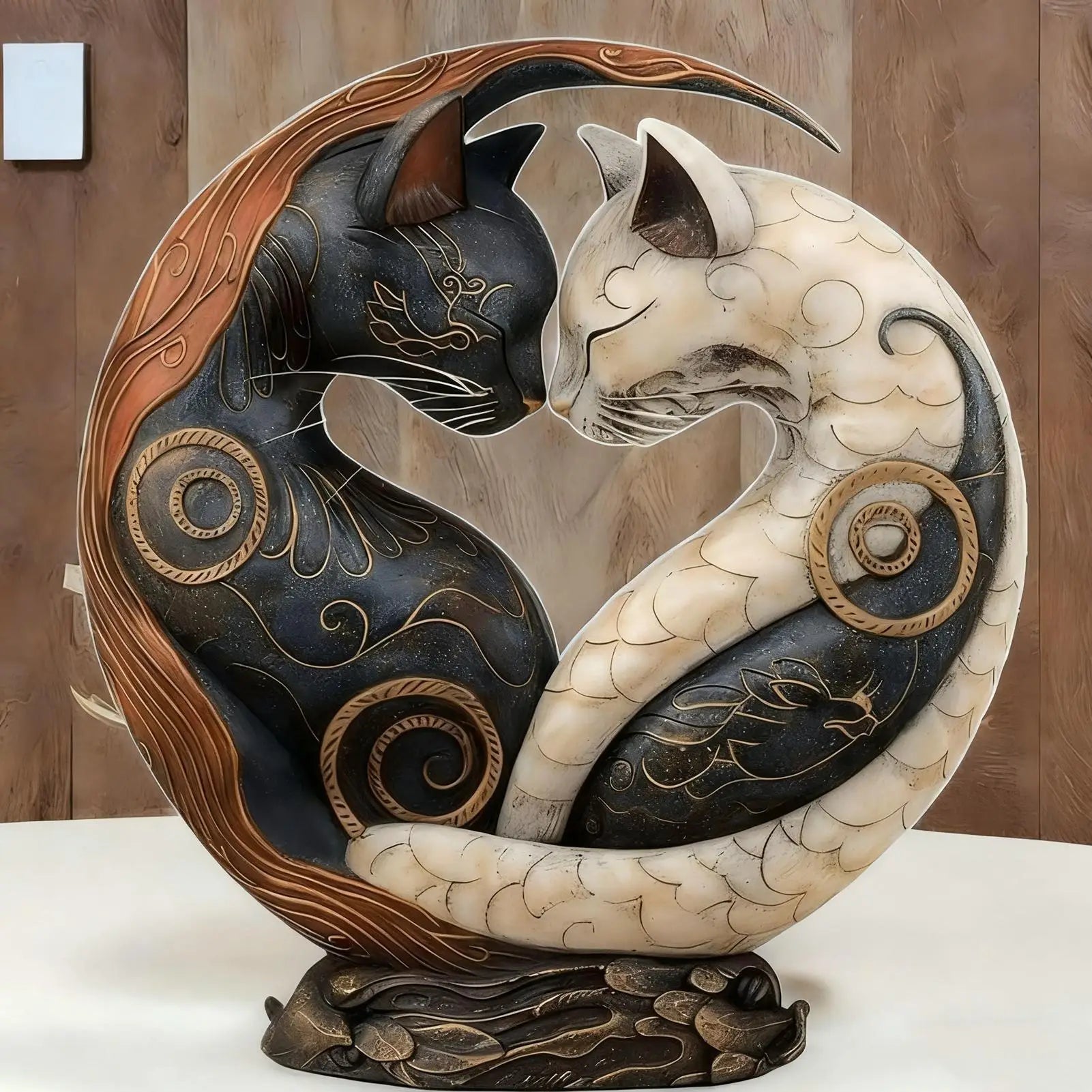 Black and white cat statues curled nose-to-nose in a circular design