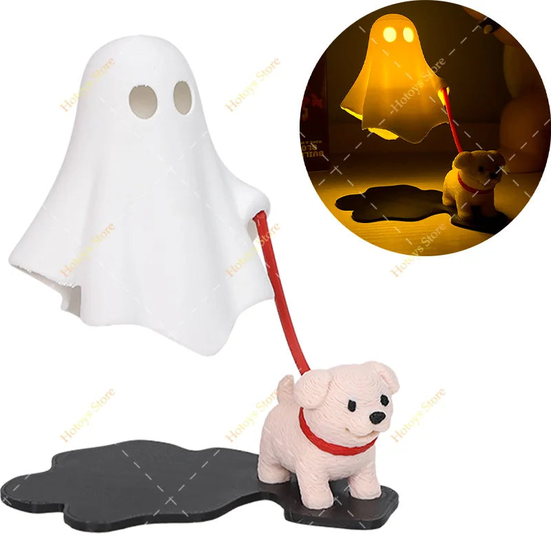White ghost figurine walking a leashed puppy figurine, with a glowing night view inset