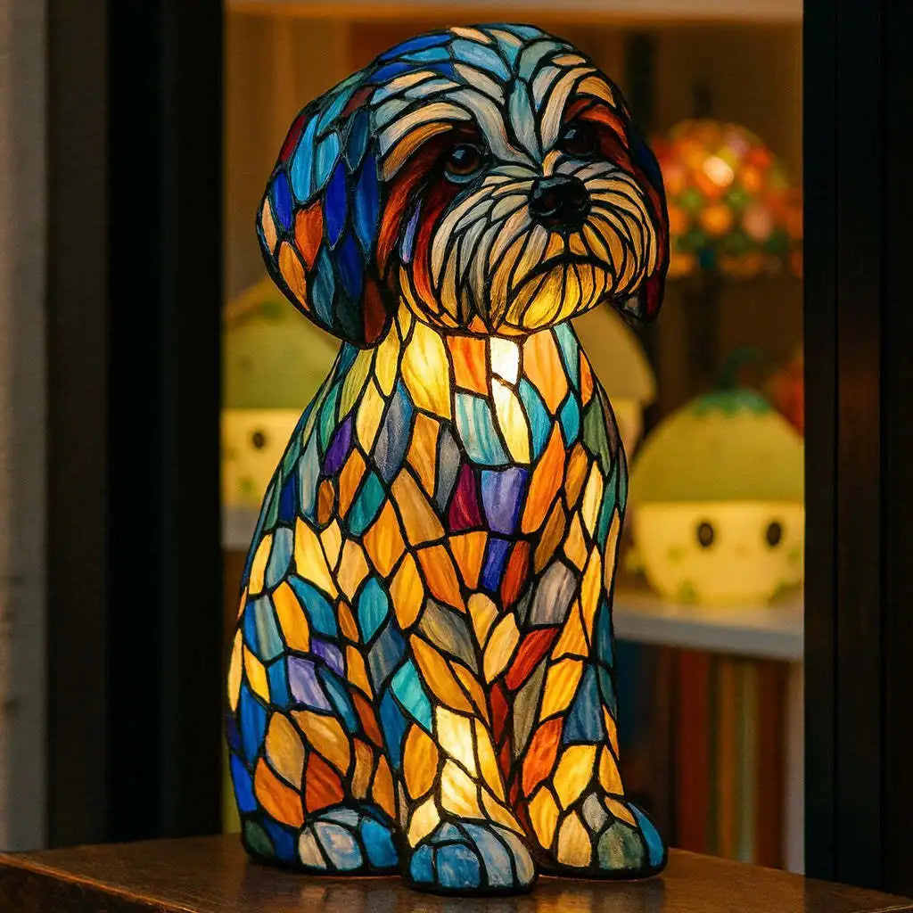 Stained-glass style animal LED ornament, mosaic resin figurine styled on a nightstand