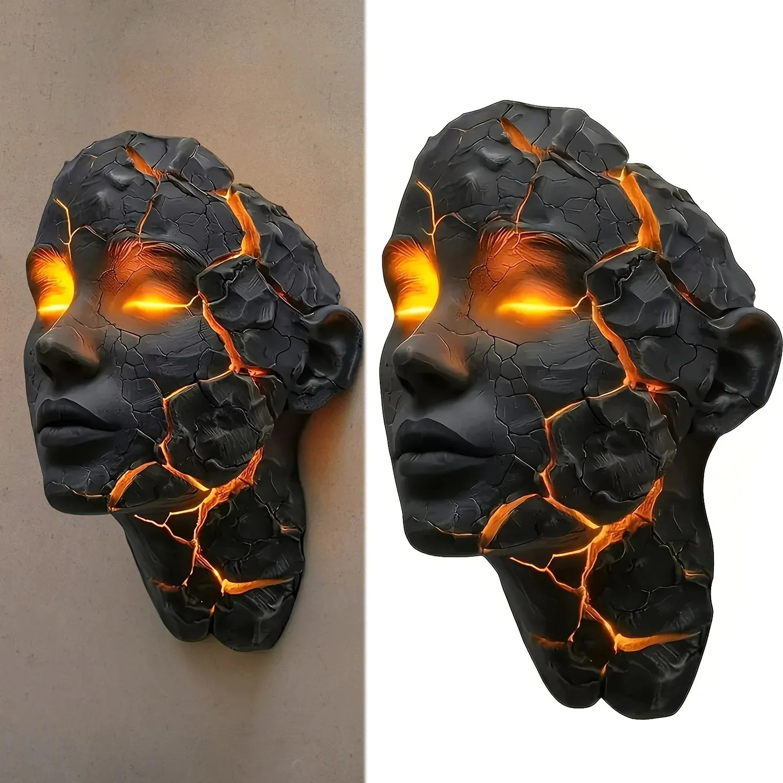 Cracked face wall light shown mounted on a wall beside the same design on white background