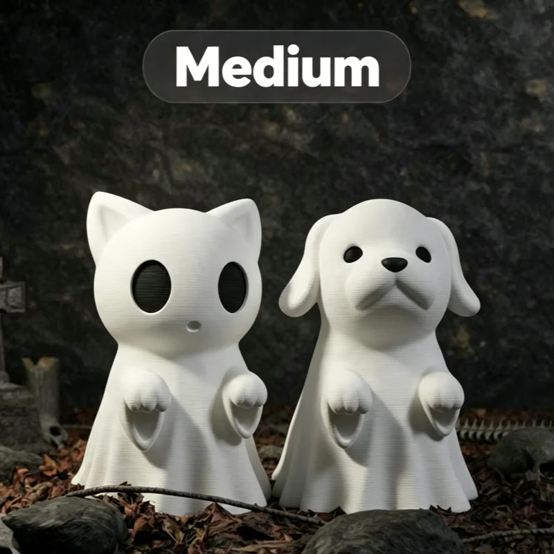 Medium white ghost cat and dog figurine pair labeled Medium