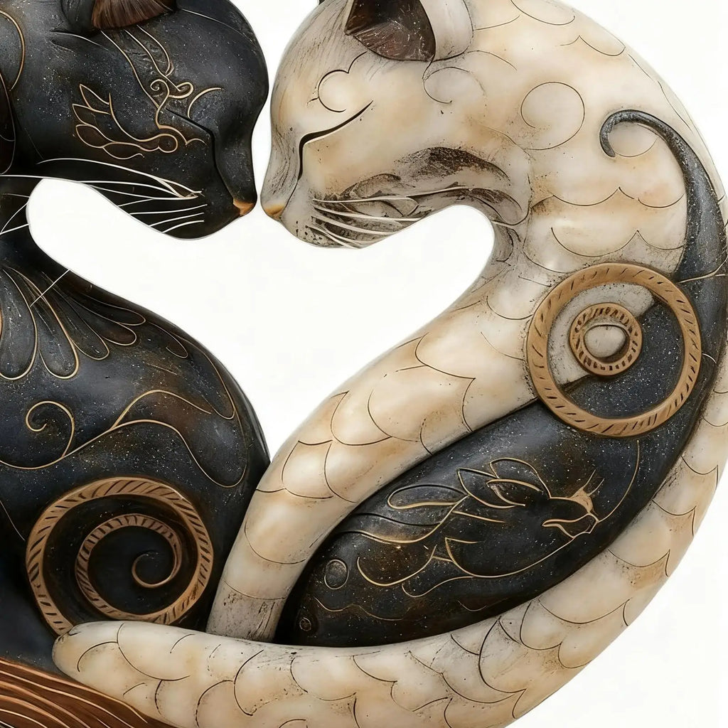 Close-up of intertwined black and white cat statue with carved swirl patterns