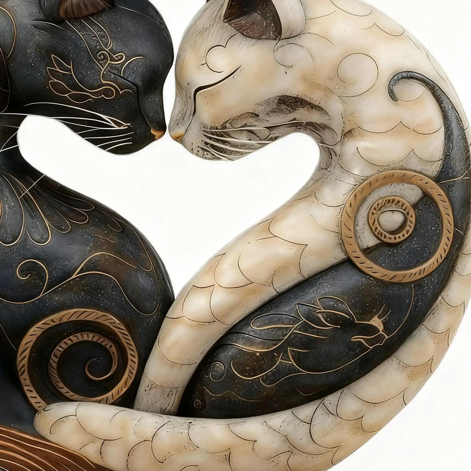 Close-up of intertwined black and white cat statue with carved swirl patterns