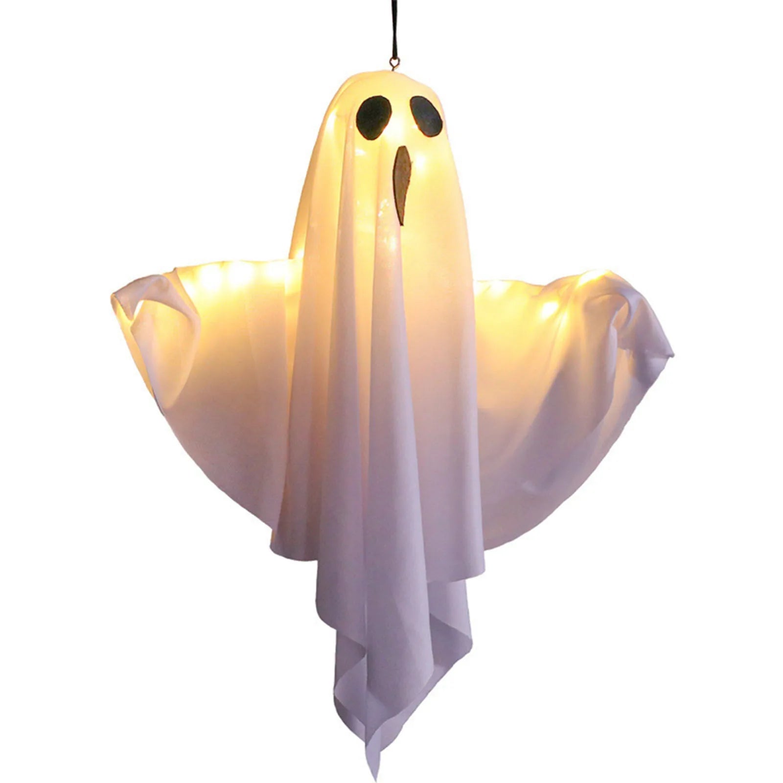 Close-up of a glowing white fabric ghost decoration on a white background