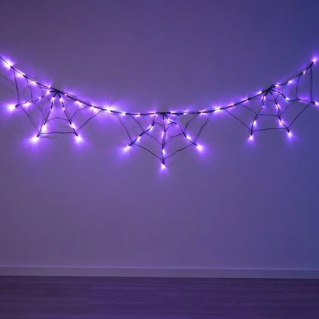 LED spider web string lights for Halloween window and wall decor