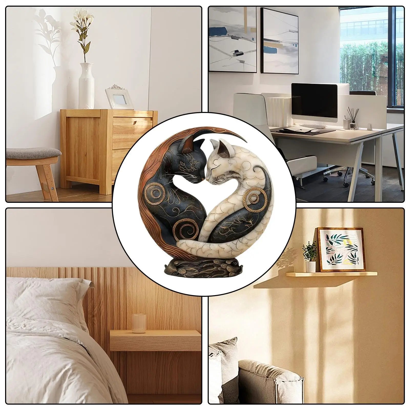 Cat statue shown staged in bedroom, office and living room settings