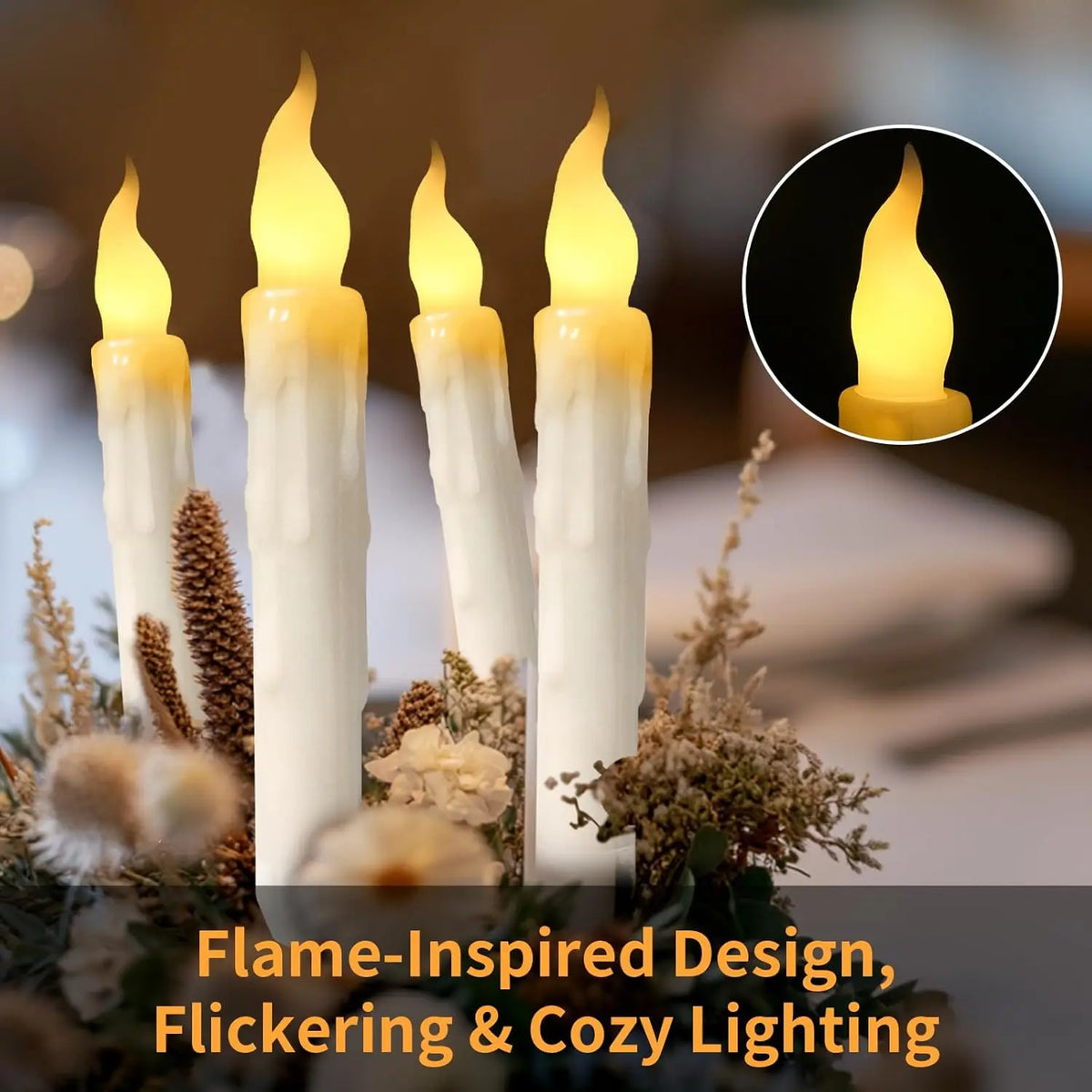 Flameless LED taper candles with warm flickering light