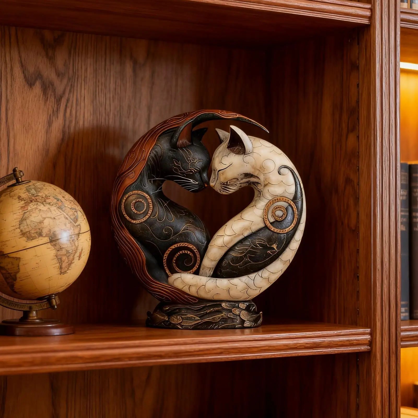 Cat statue displayed on a wooden bookshelf beside a vintage globe