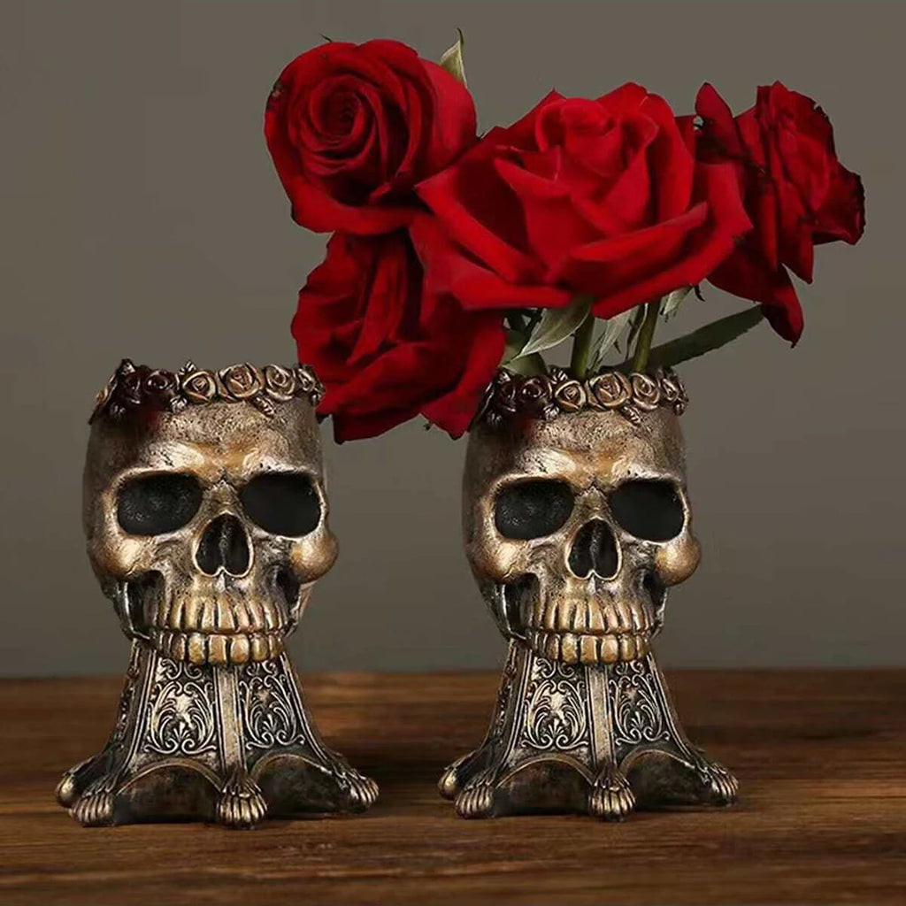 Bronze gothic skull vase with rose crown detail on white background