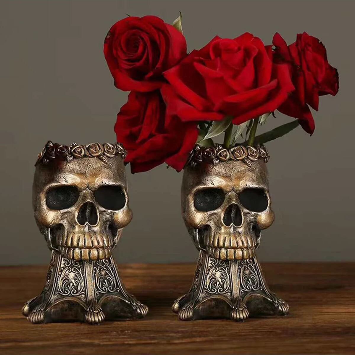 Bronze gothic skull vase with rose crown detail on white background