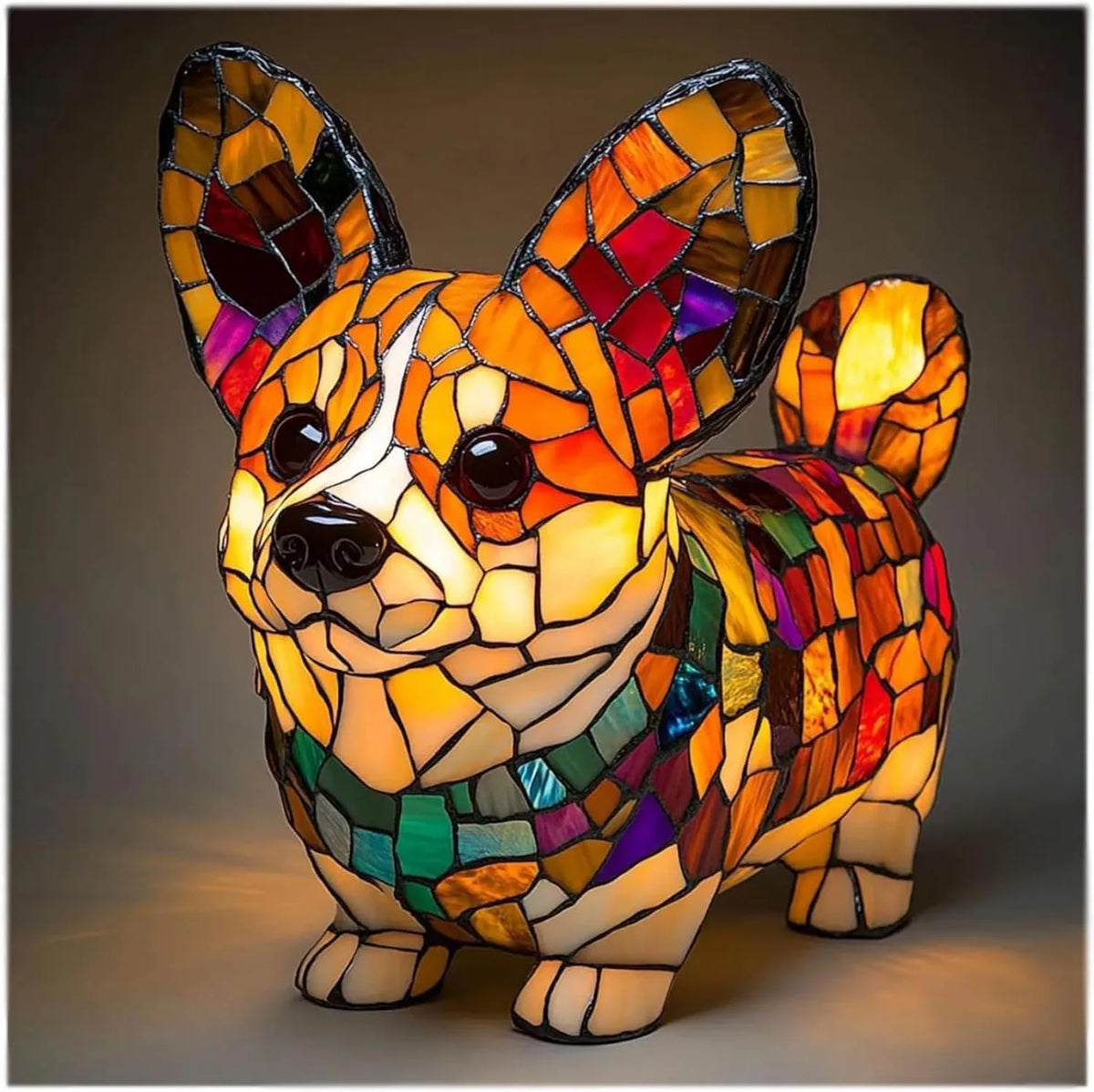 Stained-glass style animal LED ornament, glowing mosaic resin figurine, front view