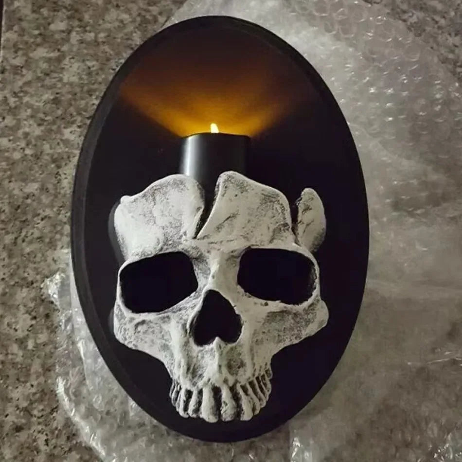 Gothic skull wall candle sconce, resin skeleton design, additional product view