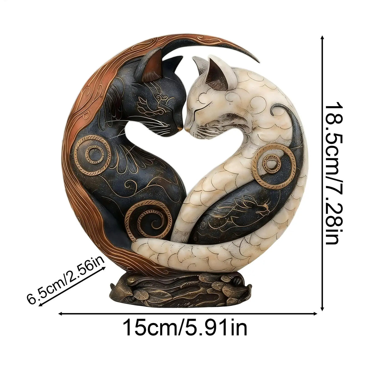 Egyptian cat statue shown with dimensions: 18.5cm (7.28in) tall, 6.5cm (2.56in) deep