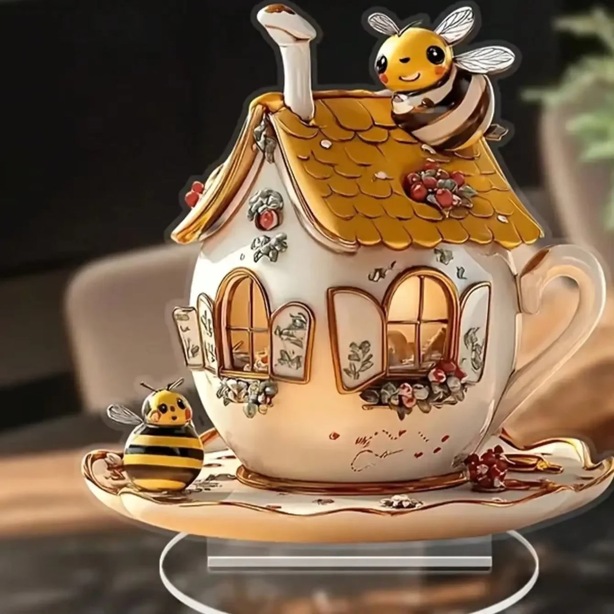 Bee cottage teacup ornament, front view