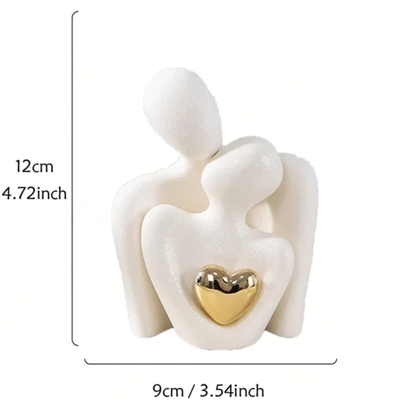 White Couple Embrace figurine with gold heart accent size chart: 12cm tall, 9cm wide
