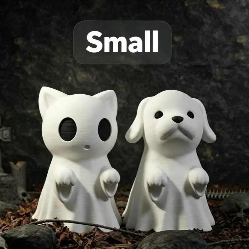 Small white ghost cat and dog figurine pair labeled Small