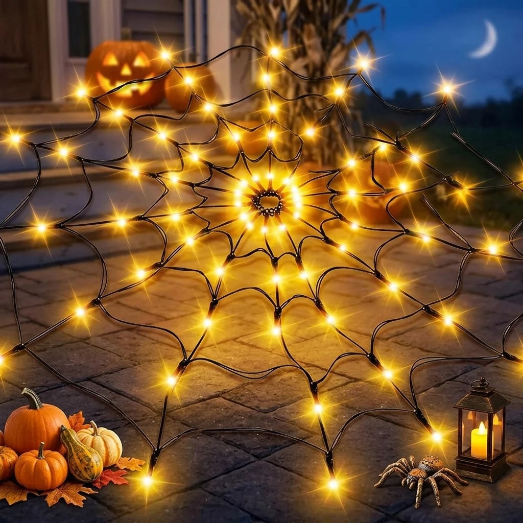 LED spider web string lights for Halloween window and wall decor