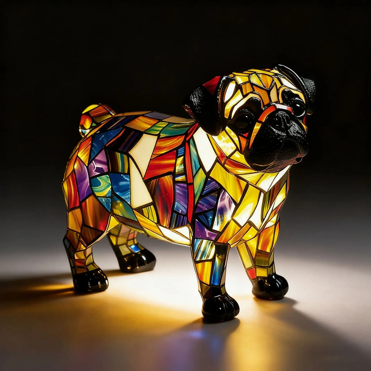 Stained-glass style animal LED ornament, glowing mosaic resin figurine, close-up of the faceted design