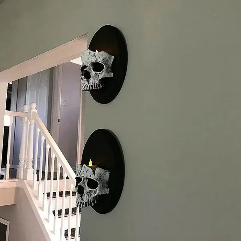 Gothic skull wall candle sconce, resin skeleton design, additional product view