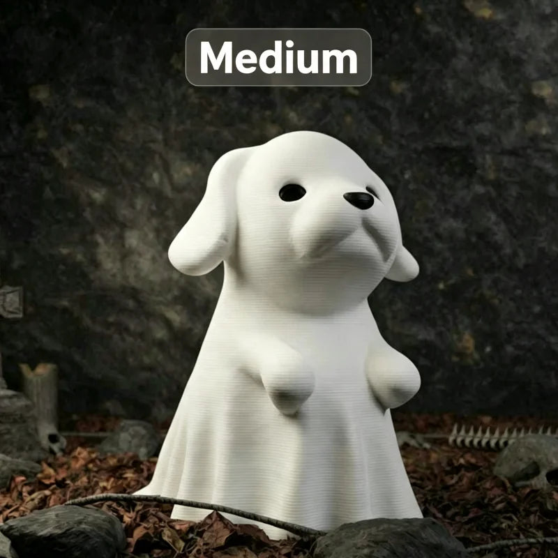 Medium-size white ghost dog figurine labeled Medium
