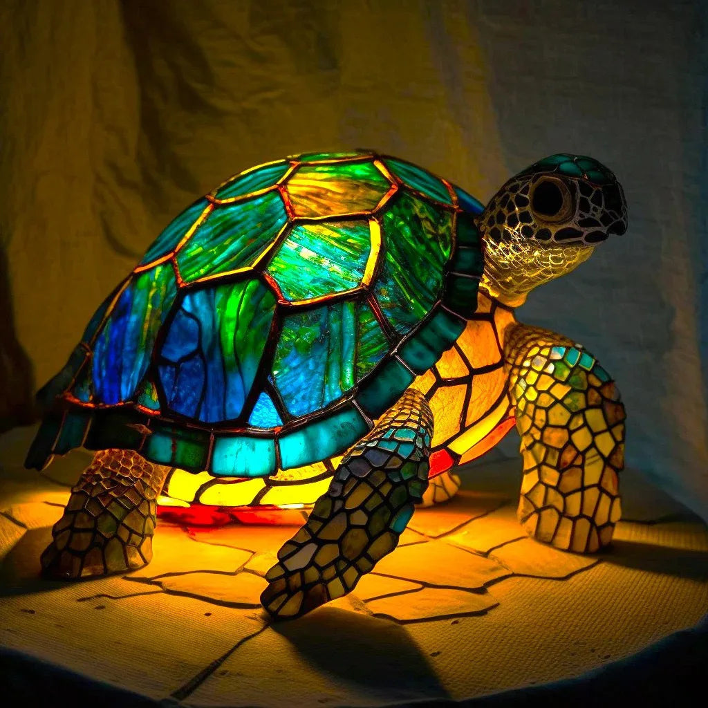 Stained-glass style LED animal ornament, glowing mosaic resin figurine displayed on a shelf