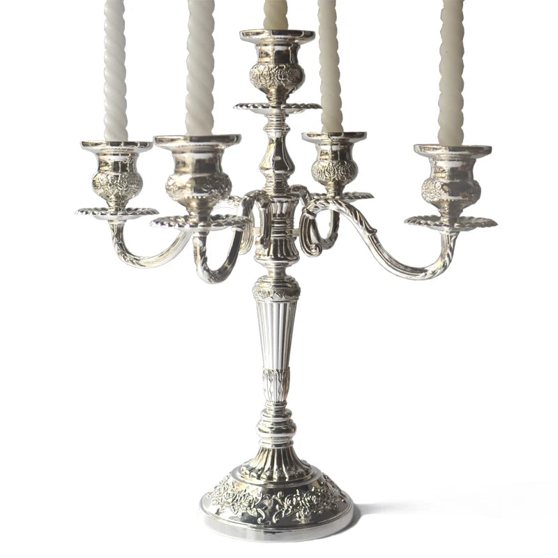 Silver Victorian Cast-Metal Candelabra, 5-arm, on a white background