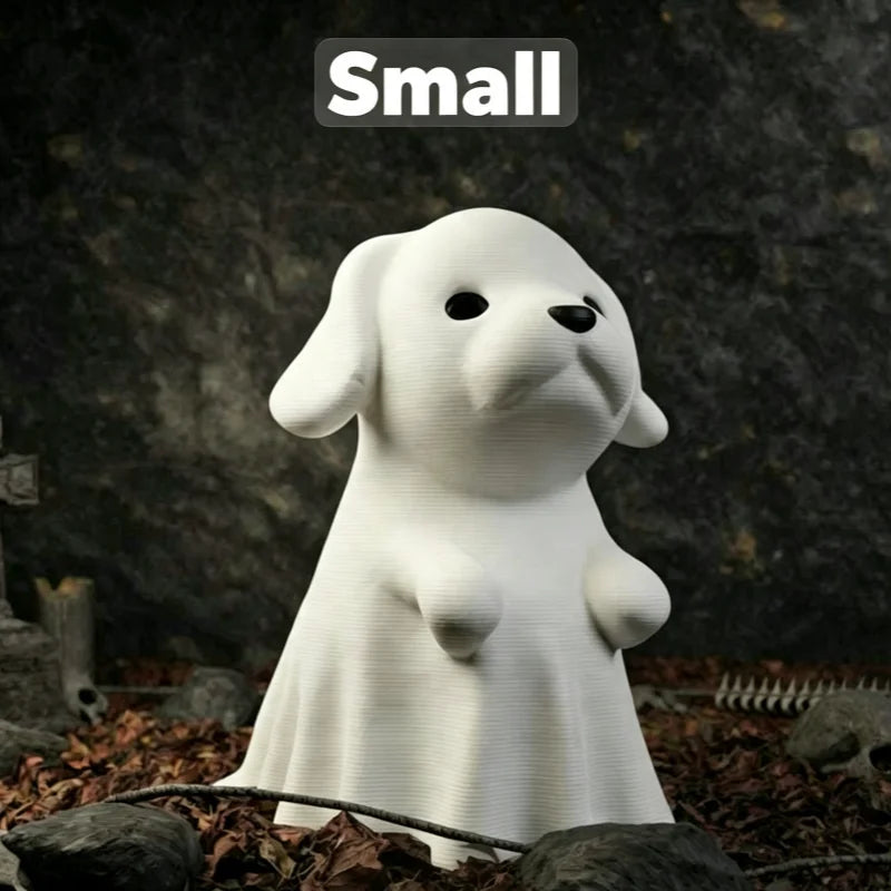Small white ghost dog figurine labeled Small