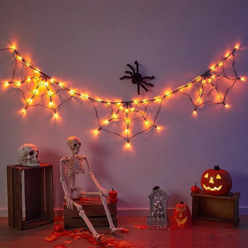 LED spider web string lights for Halloween window and wall decor