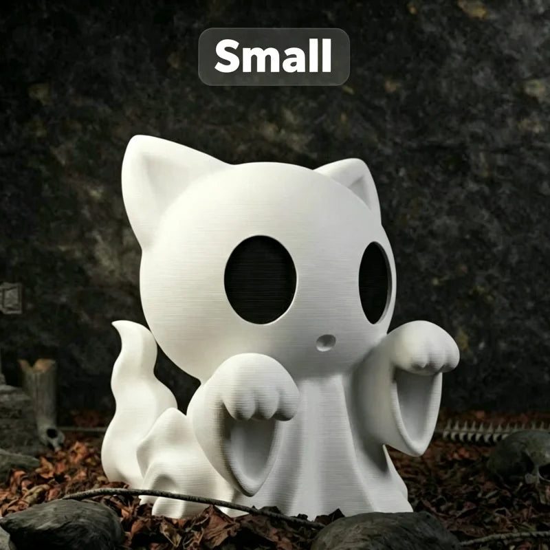Small white ghost cat figurine labeled Small